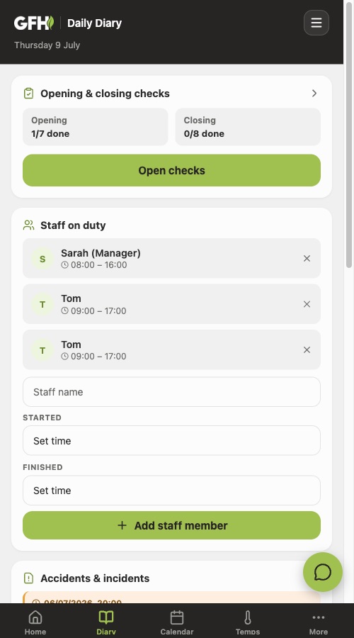 Daily diary checklists