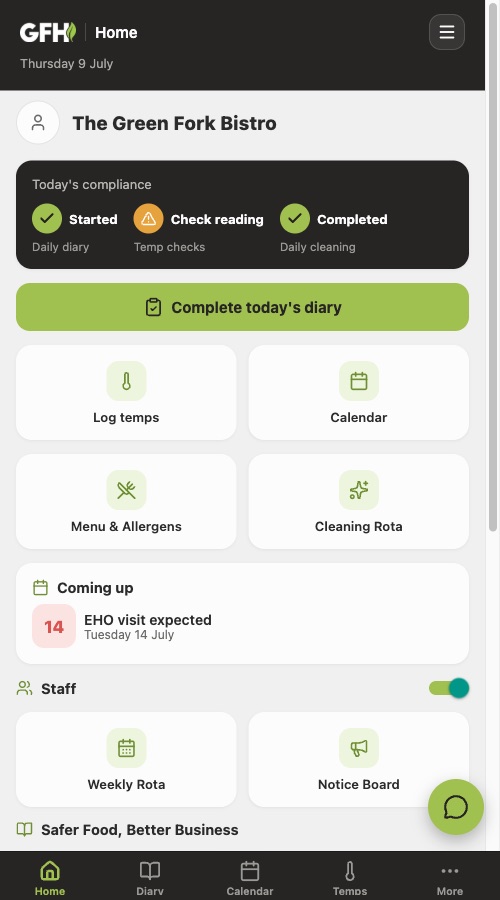 The GFH app home screen showing today’s compliance