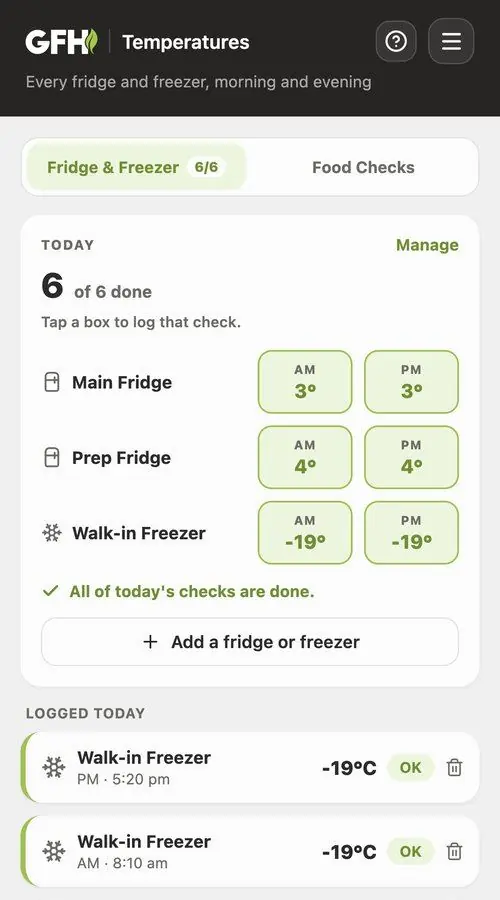The kitchen app's Temperatures screen: the day's fridge and freezer checks, each with a morning and evening reading