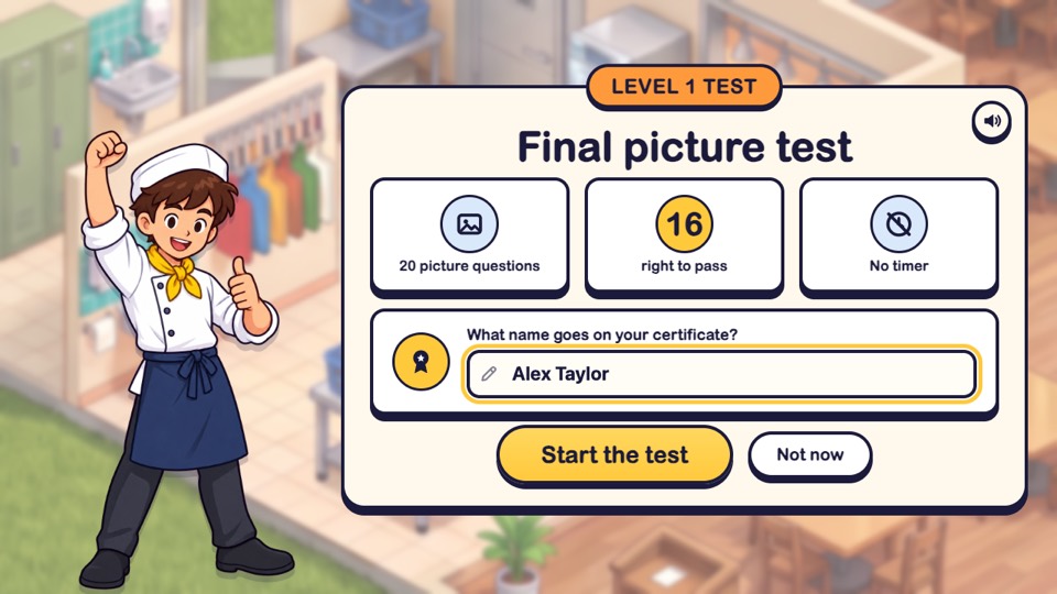 The final picture test screen: 20 picture questions, 16 right to pass, no timer