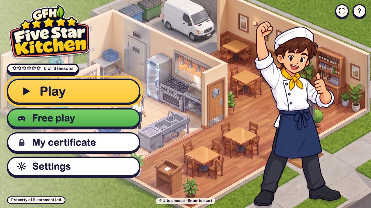The Five Star Kitchen home screen: a cartoon chef beside the kitchen, with Play, Free play, My certificate and Settings buttons