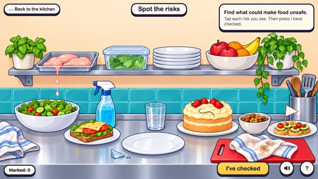 Spot the risks: a busy kitchen counter with things that could make food unsafe