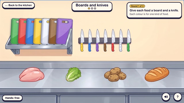 Boards and knives: a rack of coloured chopping boards and knives above raw chicken, lettuce, potatoes and bread