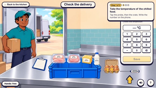 Check the delivery: a driver with chilled food, a probe thermometer and a delivery record