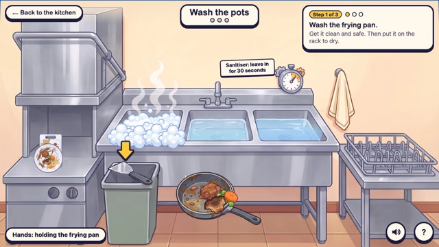Wash the pots: a three-sink pot wash with a frying pan and a sanitiser timer