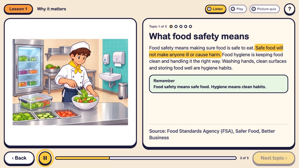An audio lesson: the chef at a prep table, with the words highlighted as they are read out loud