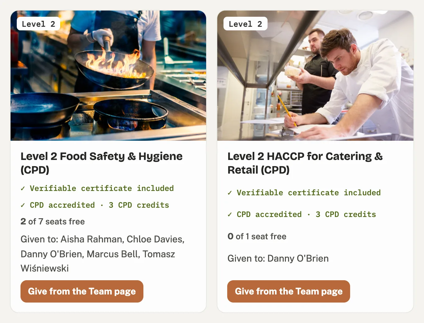 The Courses page: seats free and who has each course