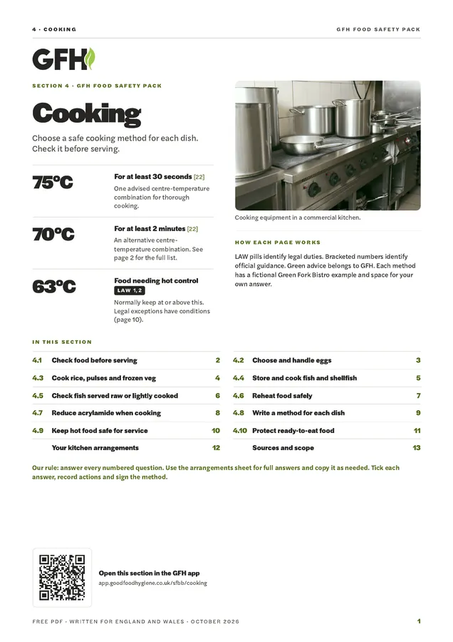 A page from the written food safety pack: the cooking section, with the safe temperatures