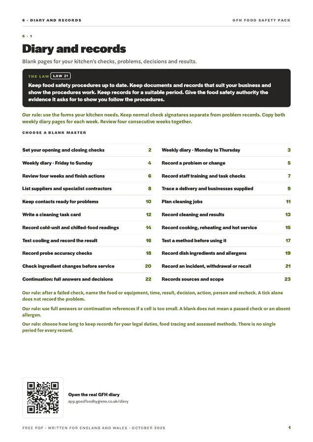 A page from the written food safety pack: the diary and records section, listing the blank record sheets