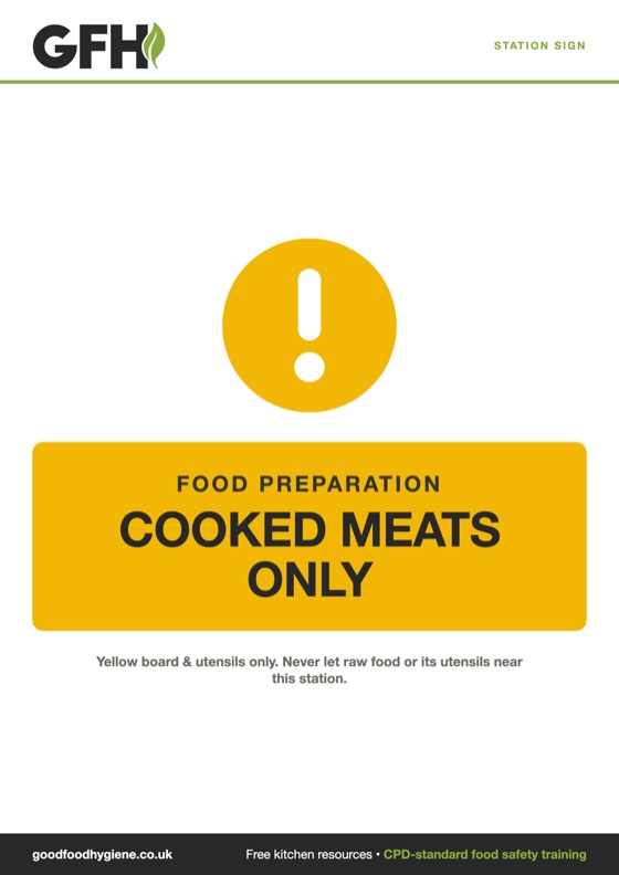 Station Sign: Cooked Meats Only — free A4 kitchen sign