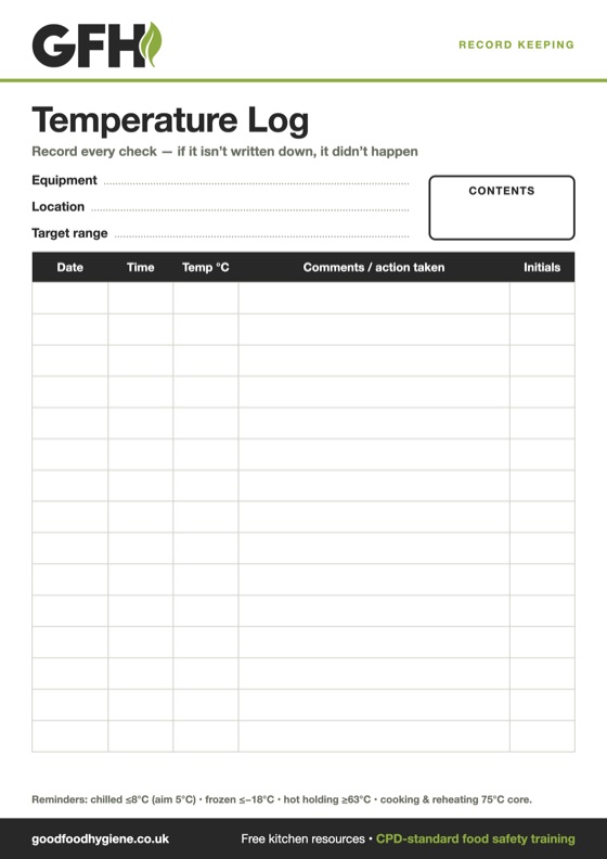 Temperature Log Sheet — free A4 kitchen sign