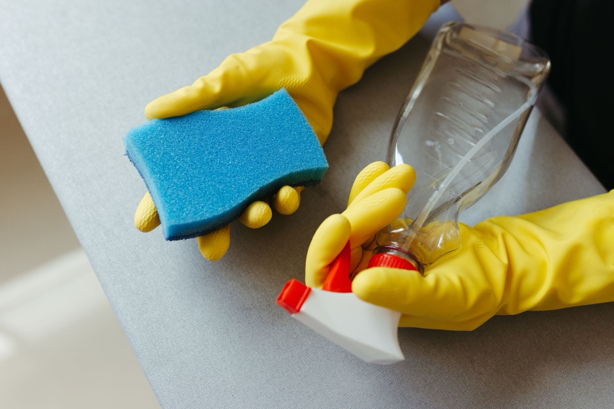 Gloved hands holding a sponge and a spray bottle