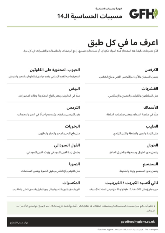 ملصق مسببات الحساسية الـ14 مع أمثلة على الأطعمة التي تحتوي على كل منها، بمقاس A4