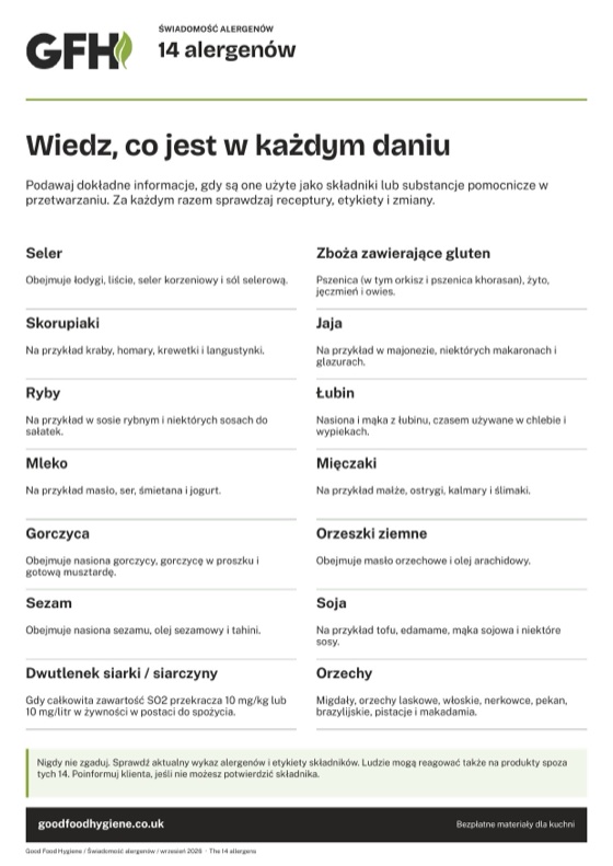 Plakat 14 alergenów z przykładami produktów, które zawierają każdy z nich, A4
