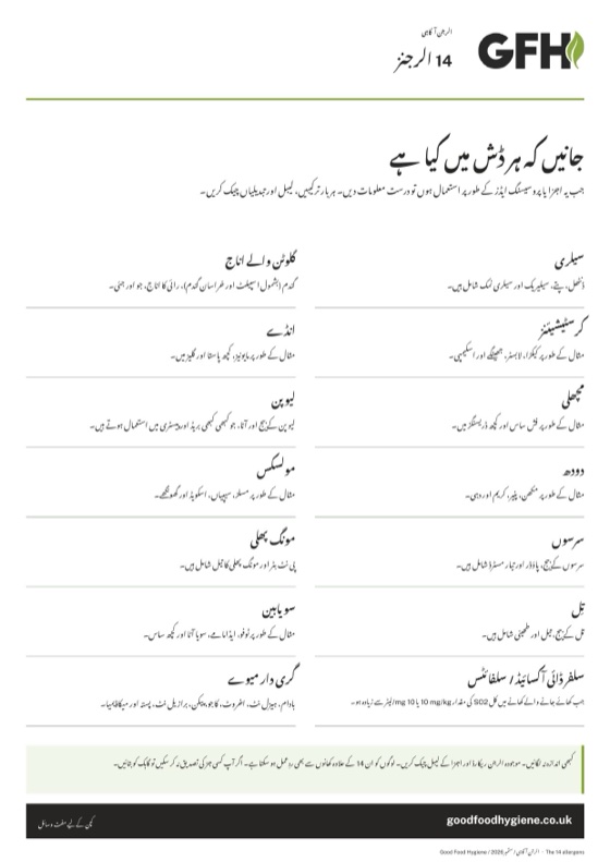14 الرجنز کا پوسٹر، ہر الرجن والے کھانوں کی مثالوں کے ساتھ، A4