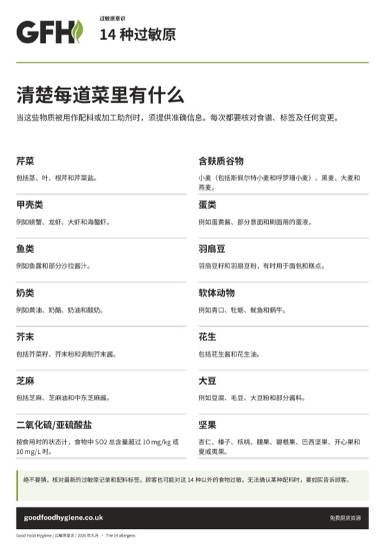 14 种过敏原海报，附含有各类过敏原的食物例子，A4