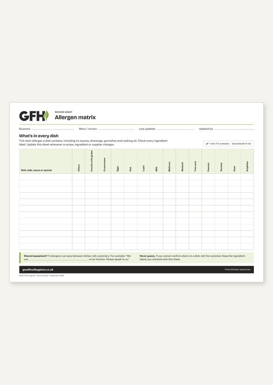 Allergen Matrix: free A4 kitchen record sheet