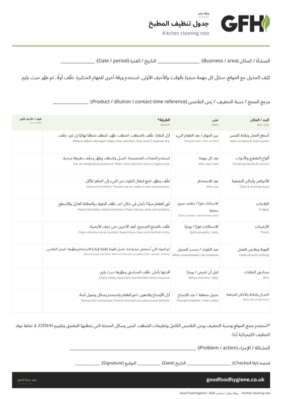 ورقة سجل جدول تنظيف المطبخ، بمقاس A4