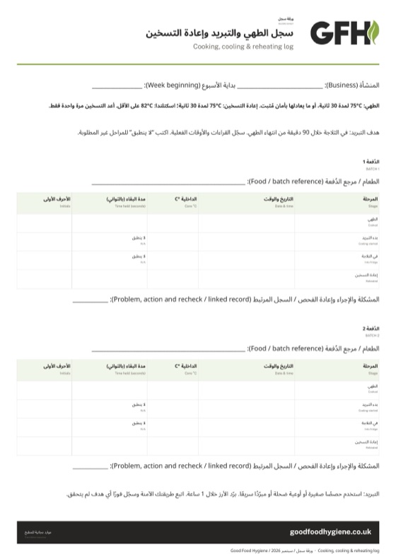 ورقة سجل الطهي والتبريد وإعادة التسخين، بمقاس A4