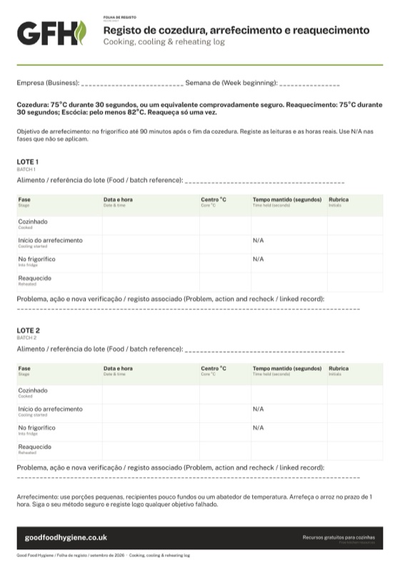 A folha de registo de cozedura, arrefecimento e reaquecimento, A4
