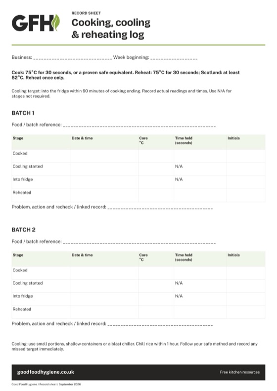 The cooking, cooling and reheating log record sheet, A4