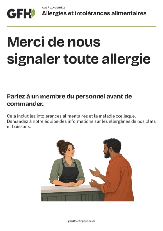 L'avis allergies qui invite les clients à parler au personnel avant de commander, A4