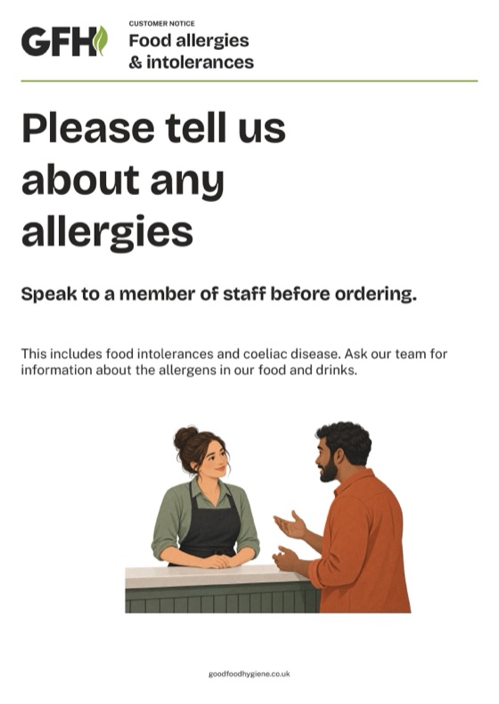 The customer allergy notice asking customers to speak to staff before ordering, A4