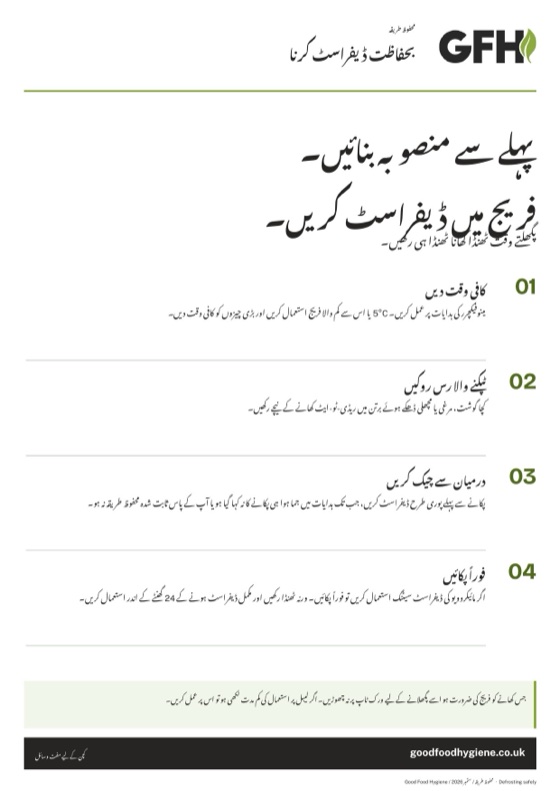 کھانا بحفاظت ڈیفراسٹ کرنے کا پوسٹر، A4