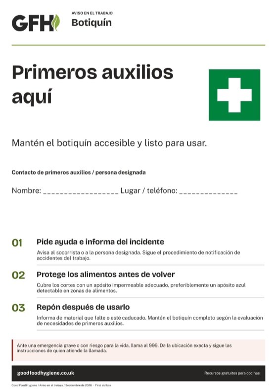 Aviso del botiquín con espacio para los datos del socorrista, A4