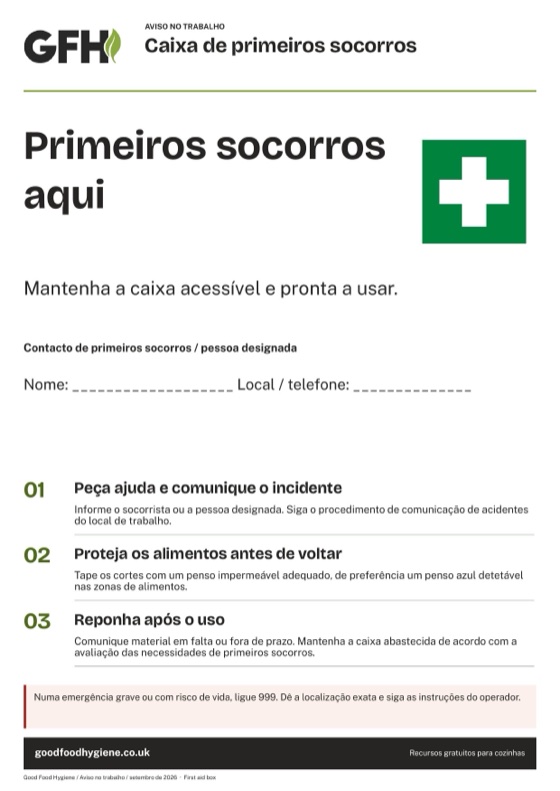 O aviso da caixa de primeiros socorros para o local de trabalho, com espaço para os dados do socorrista, A4