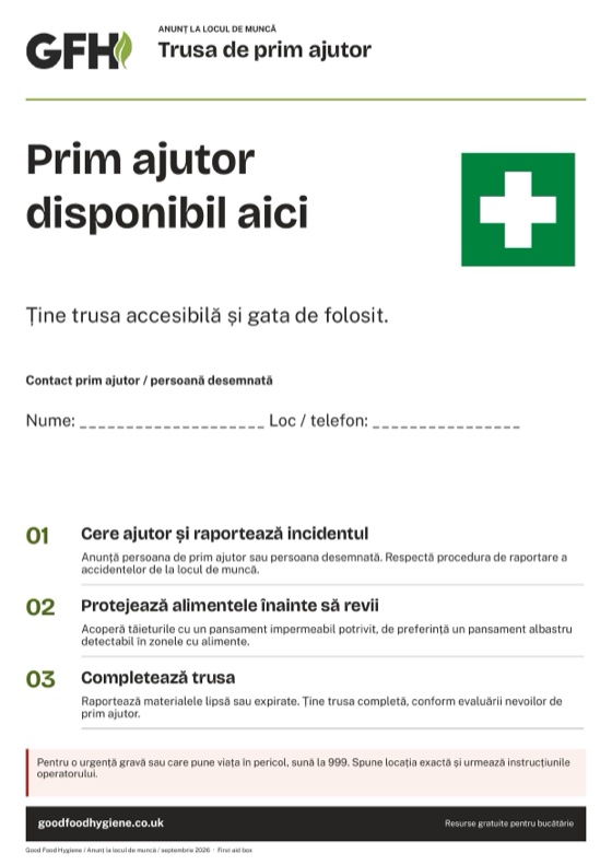 Anunțul pentru trusa de prim ajutor, cu spațiu pentru datele persoanei de prim ajutor, A4