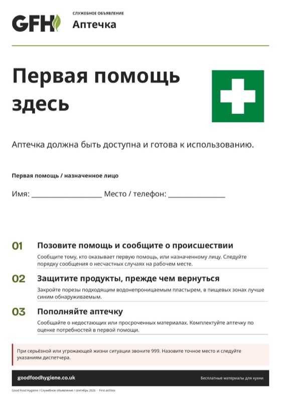 Служебное объявление «Аптечка» с местом для данных ответственного за первую помощь, A4