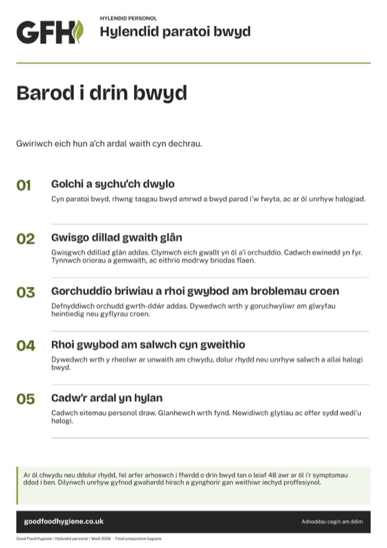 Y poster hylendid paratoi bwyd ar gyfer trinwyr bwyd, A4