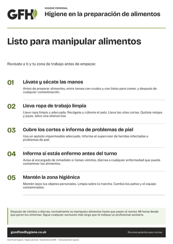 Cartel de higiene en la preparación de alimentos para manipuladores, A4
