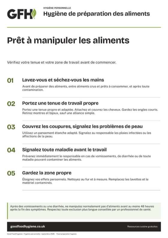 L'affiche d'hygiène de préparation des aliments pour les manipulateurs d'aliments, A4