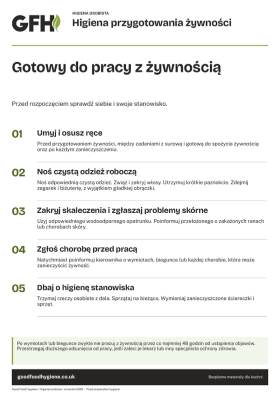 Plakat higieny przygotowania żywności dla osób pracujących z żywnością, A4