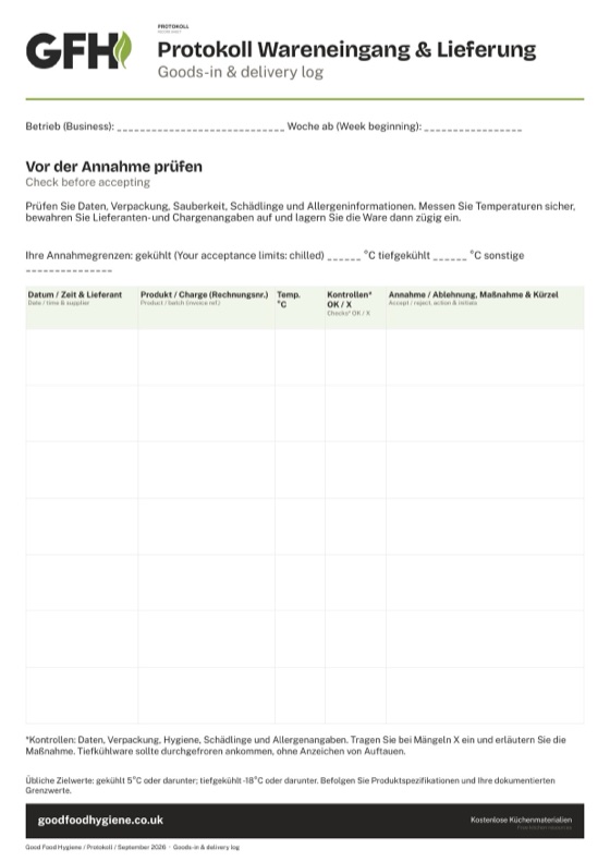 Die Protokollvorlage Wareneingang & Lieferung, A4