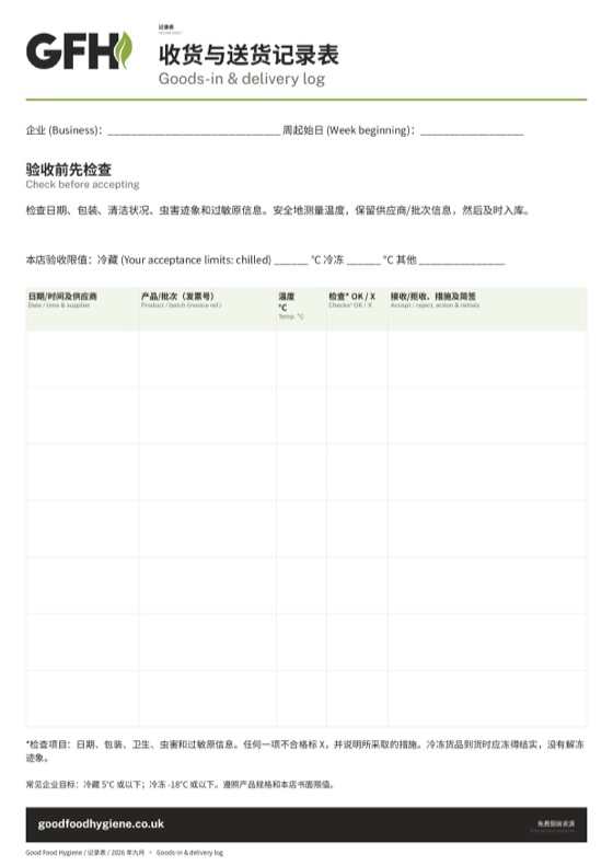 收货与送货记录表，A4