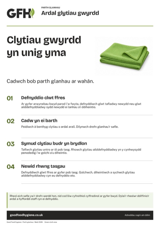 Arwydd parth glanhau’r ardal glytiau gwyrdd, A4