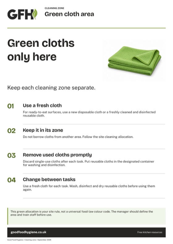 The green cloth area cleaning zone sign, A4