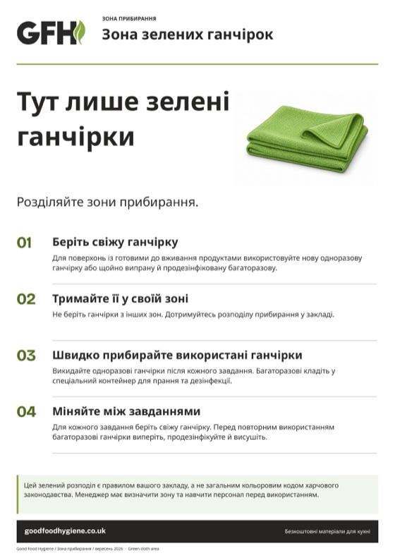 Табличка зони прибирання «Зона зелених ганчірок», A4