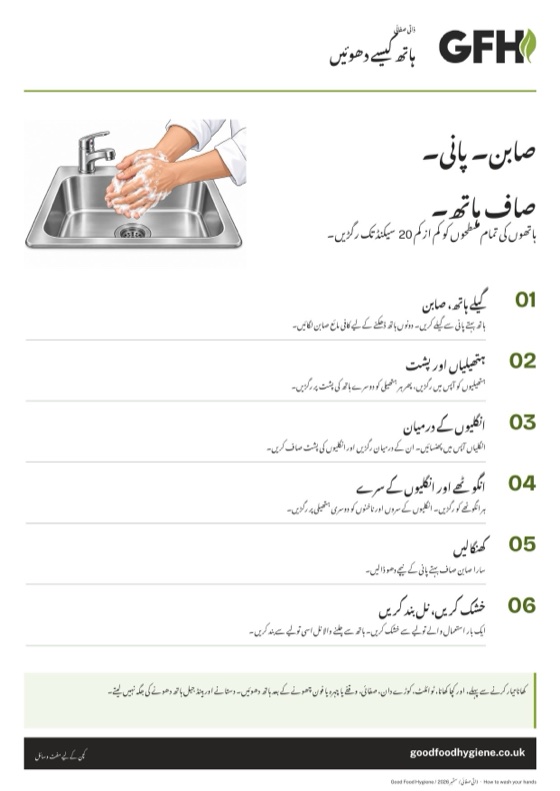 ہاتھ دھونے کے چھ مراحل والے طریقے کا پوسٹر، A4