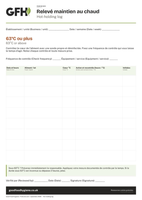 La fiche de suivi du relevé maintien au chaud, A4
