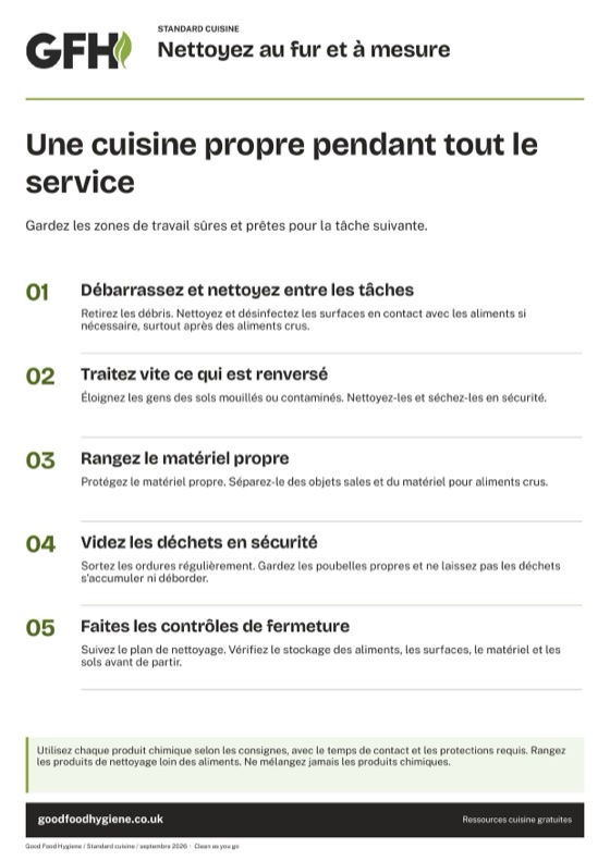 L'affiche du standard cuisine « nettoyez au fur et à mesure », A4