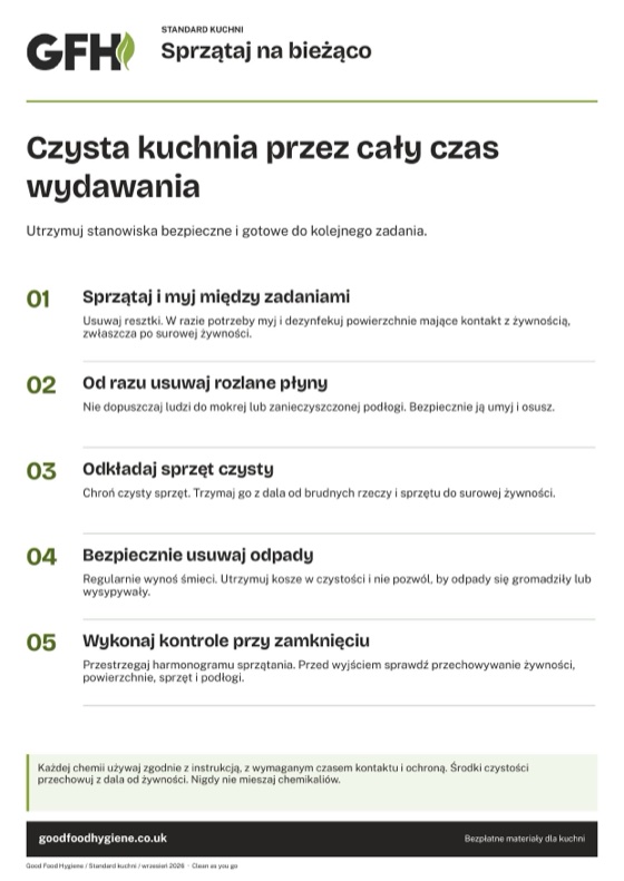 Plakat ze standardem kuchni: sprzątaj na bieżąco, A4