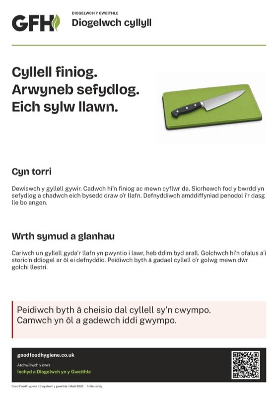 Y poster diogelwch cyllyll ar gyfer ceginau, A4