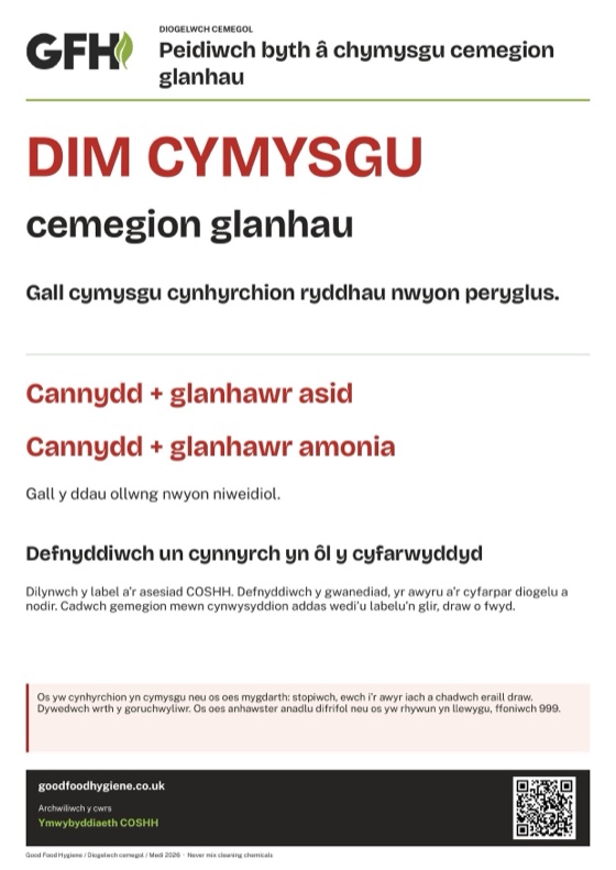 Poster diogelwch: peidiwch byth â chymysgu cemegion glanhau, A4