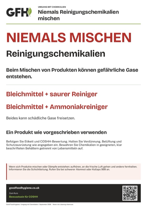 Das Sicherheitsposter Niemals Reinigungschemikalien mischen, A4