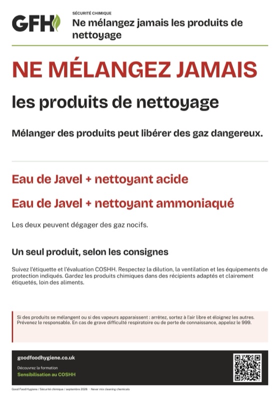 L'affiche de sécurité « ne mélangez jamais les produits de nettoyage », A4