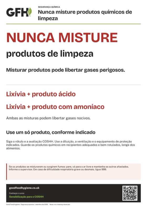 Nunca misture produtos químicos de limpeza